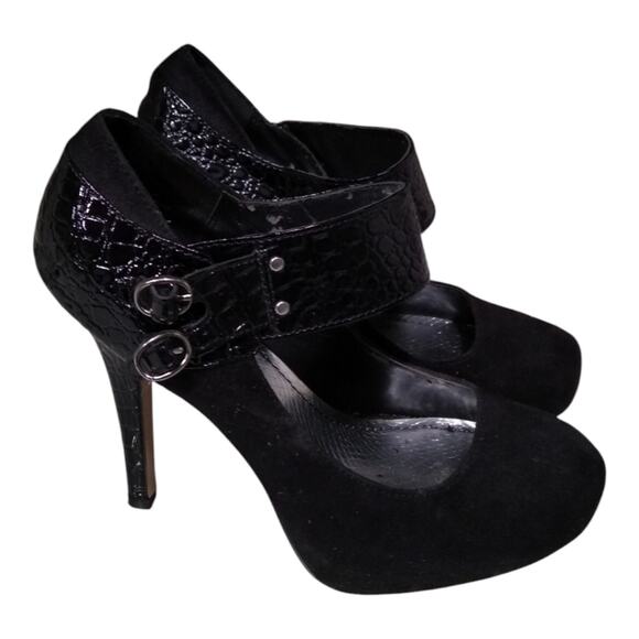 [H183] Bamboo Black Suede Double Strap Stiletto Heels, Size 8 - Picture 1 of 7
